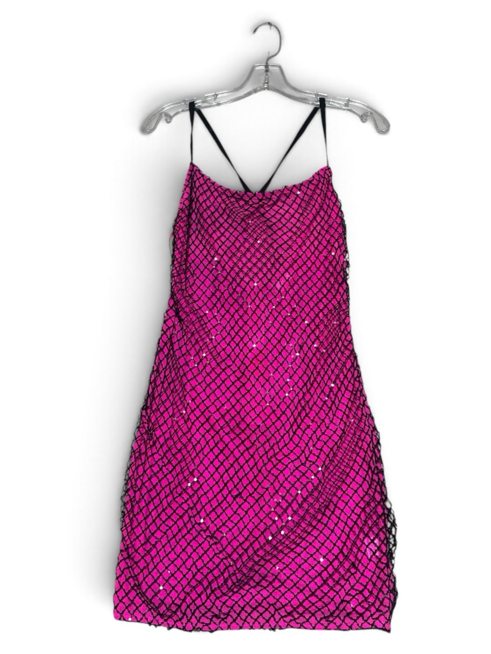 Hot Pink Fuchsia Sheer Nylon Mini Dress Spaghetti Strap Lightweight Cover Up